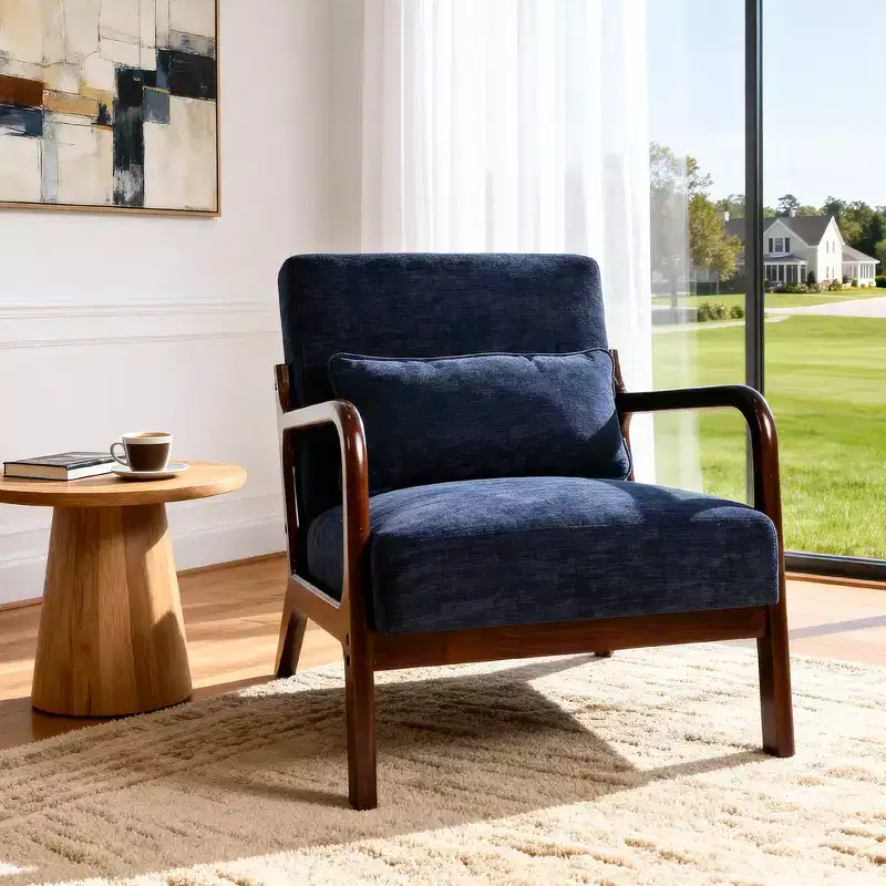 Zeus & Ruta Mid-Century Modern Upholstered Accent Armchair with Solid Wood Frame & Lumbar Pillow
