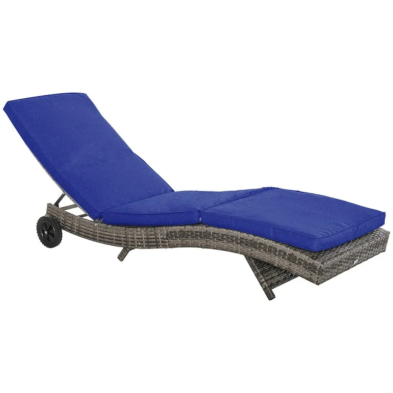Outdoor Portable Chaise Lounge with PE Rattan Cushioned, Patio Pool Chair with 5-Level Adjustable Backrest & Wheels