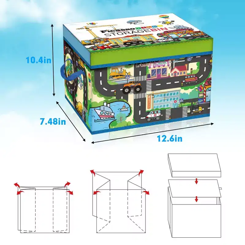 PICASSO-TILES Magnetic Tile Toy Organizer  Foldable City Theme Storage Bin with Lid & Handles, STEM Building Blocks Toy for Kids
