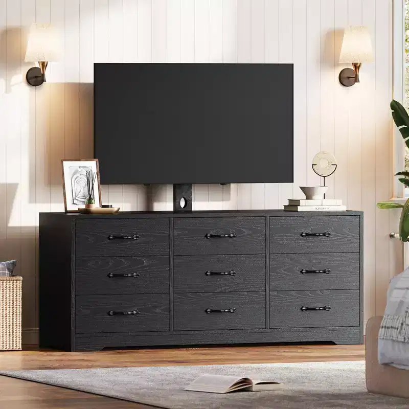 TV Stand with Mount, Wood 9 Drawers Television Stand with Adjustment for 32-85 inch TVs, Large Entertainment Center Media Console