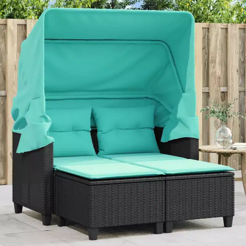 vidaXL 2-Seater Patio Loveseat with Retractable Canopy & Stools - Black Poly Rattan, Weather-Resistant, Washable Cushions
