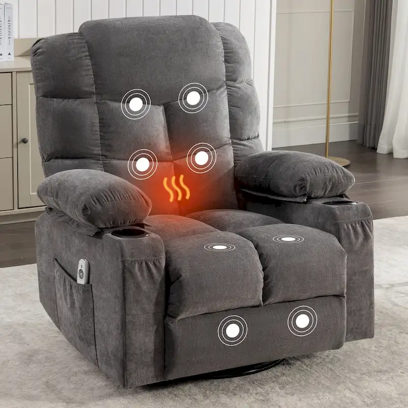 Grey Oversized Recliner with Heat and Massage, 150 Recline, 30 Rocking, USB Charging, and 2 Cup Holders