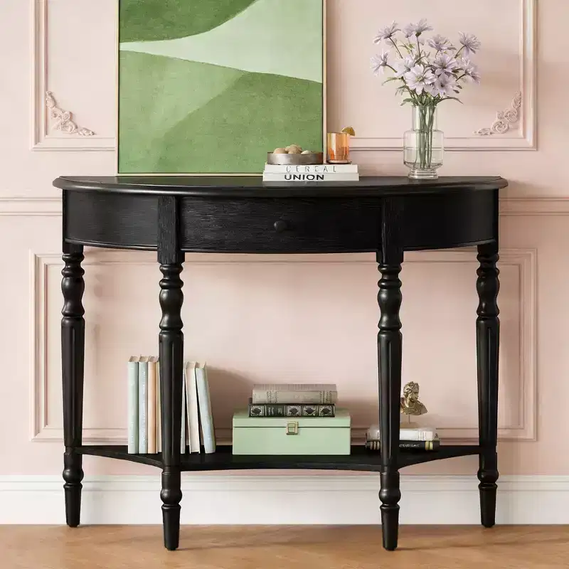Half Moon Console Table with Drawer and Shelf for Entryway and Living Room