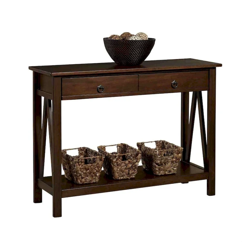 2-Drawer Console Sofa Table Living Room Storage Shelf in Tobacco Brown - 14 x 42 x 30.7 inches