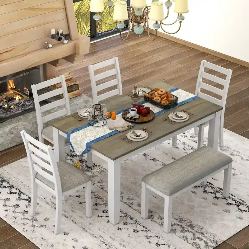 Brown+Whitewash 6-Piece Wooden Dining Table Set with Rectangular Table, 4 Chairs & Bench