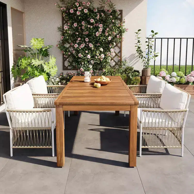 GDFStudio Nicolas Patio 5 Piece Wood and Metal Dining Set with 4 Hand-Woven Rattan Arm Chairs
