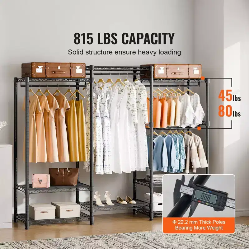 Heavy Duty Clothes Rack with Wheels 800 lbs Capacity Rolling Garment Rack with 4 Hang Rods 8 Shelves Adjustable Closet Organizer System