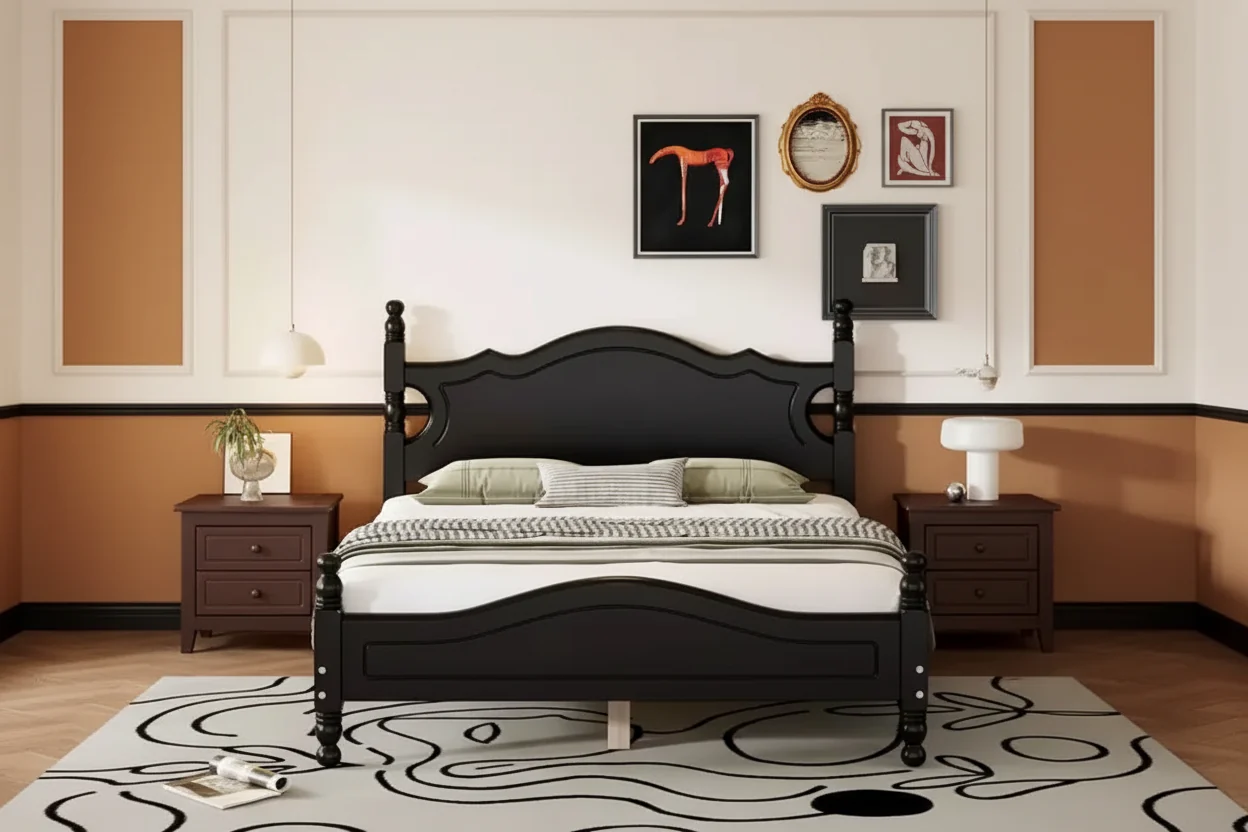 Full Size Retro Wood Platform Bed Frame with Wooden Slats, 500 lb, Black