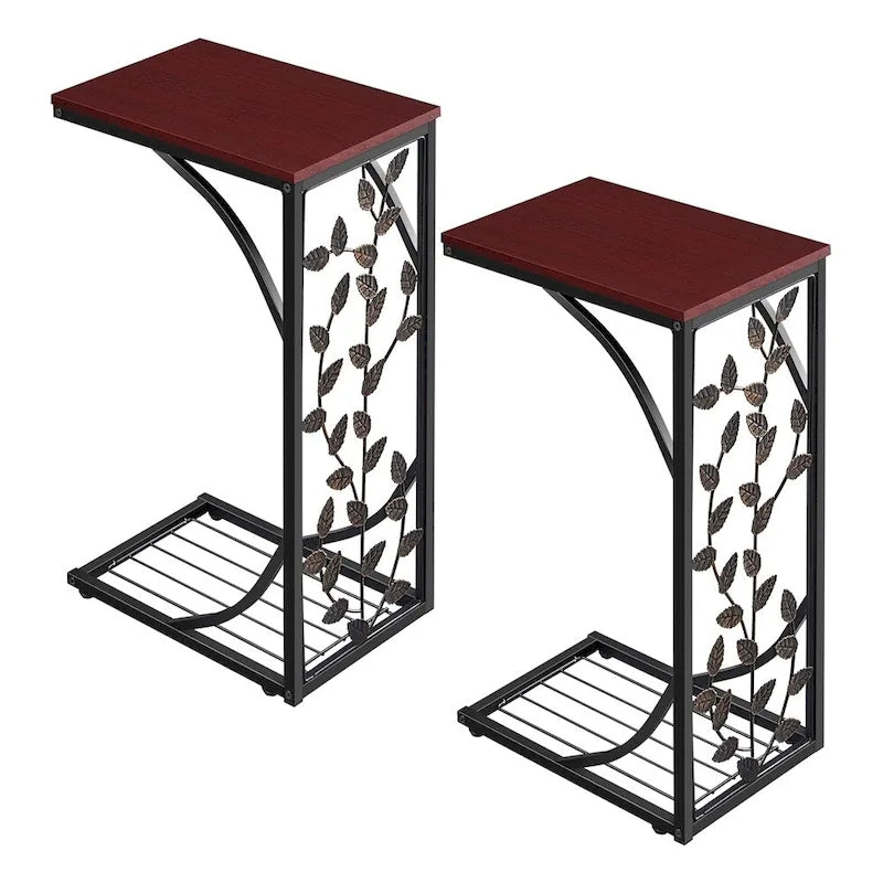 Yaheetech C-shaped Wood and Metal Leaf Pattern End Table, Set of 2