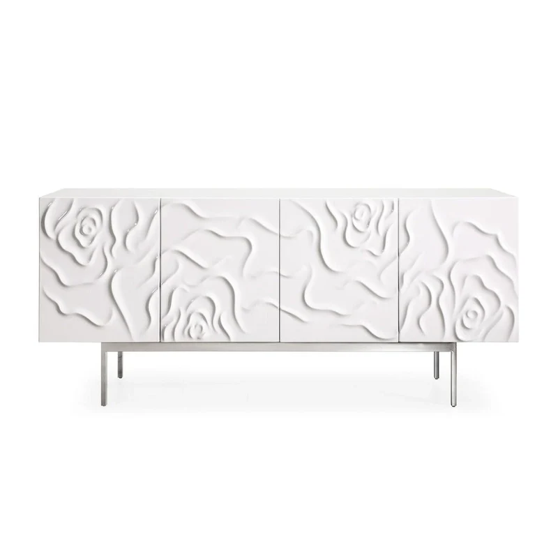 White High Gloss Buffet Sideboard with 4 Soft-Close Doors, Rose Petal Detail & Stainless Steel Legs