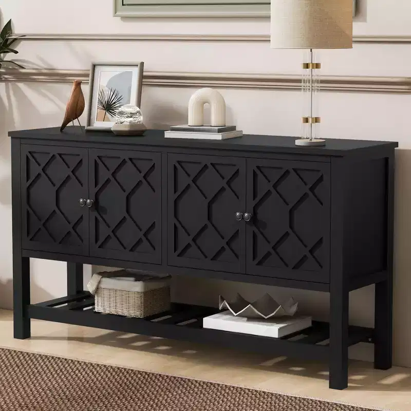 Geometric Entryway Table with Polygonal Pattern Doors, Modern Console Table with Bottom Shelf