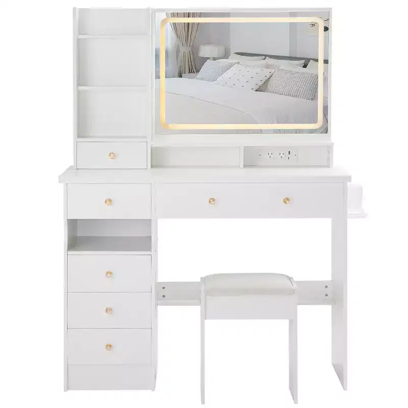 Makeup Vanity Desk with Mirror and Light, Dresser Desk Padded Stool Set, Makeup Vanity with Charging Station, Adjustable Brightness