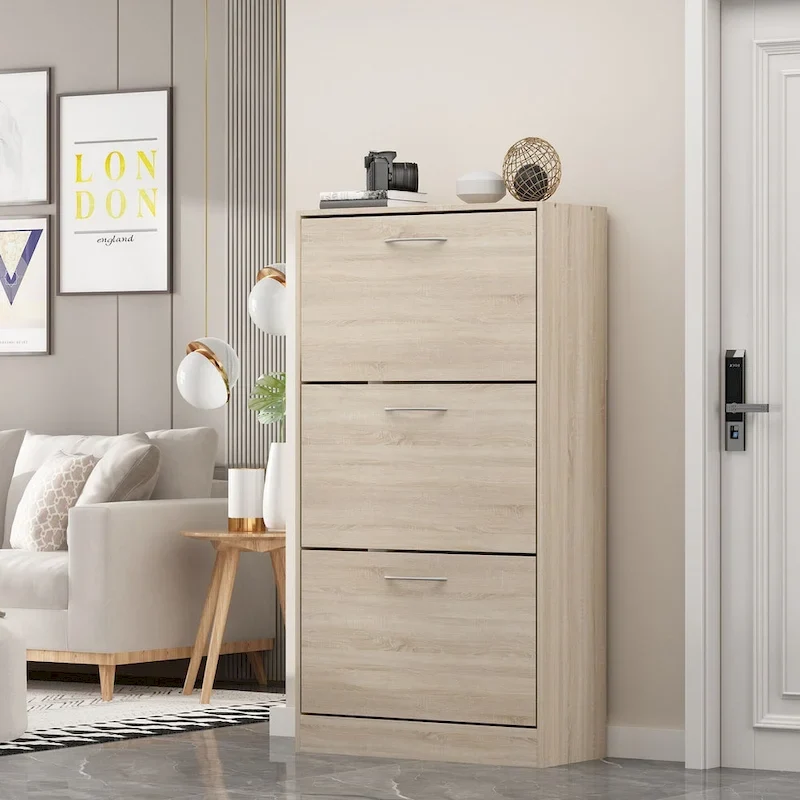 Grey / Oak Flip-Top Shoe Cabinet, 2-Drawer & 3-Drawer, Holds up to 14 Pairs
