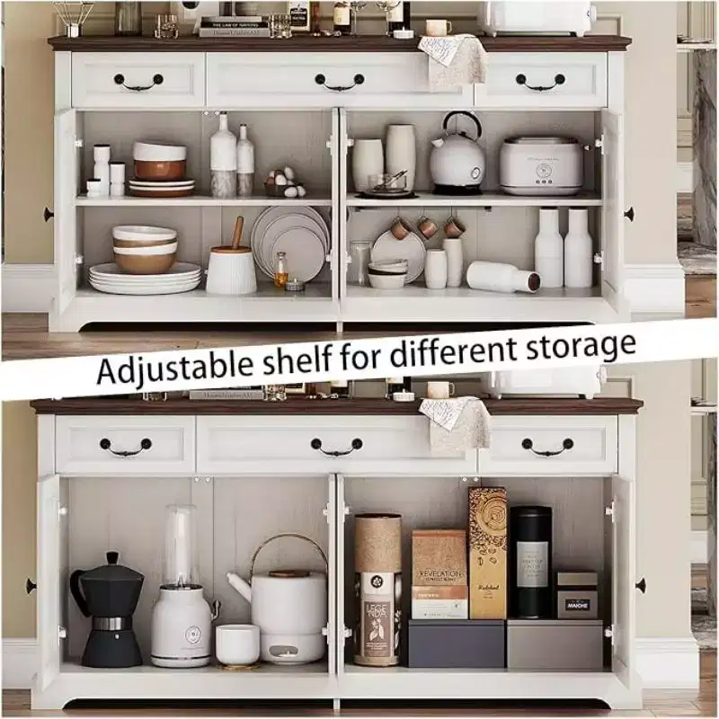 165,1 cm Farmhouse Buffet Storage Cabinet �C 3 Drawers & 4 Doors, Solid Fir Wood