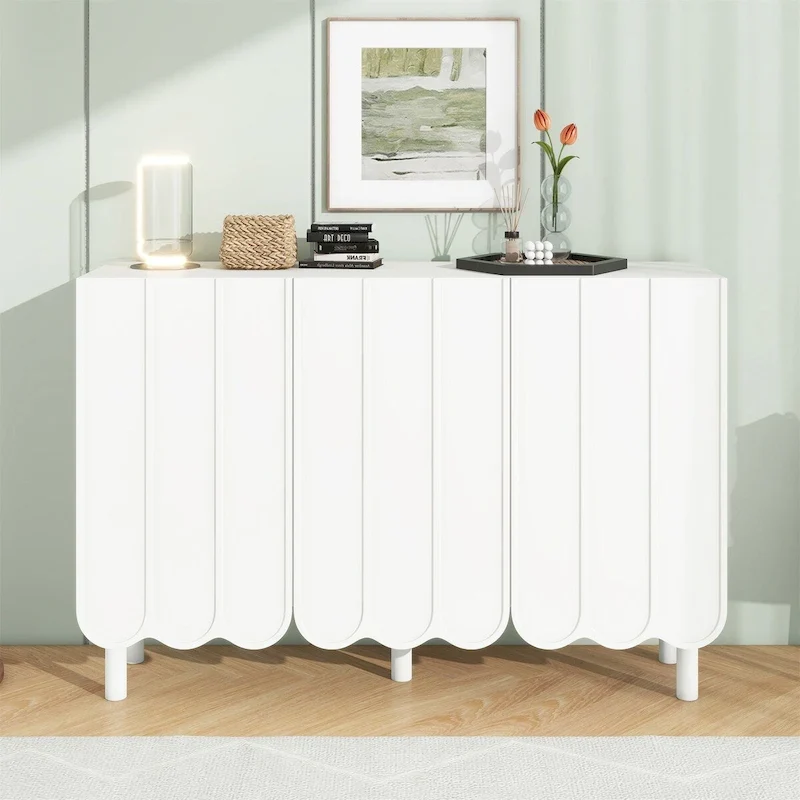 Shoe Cabinet with Wave Doors, Adjustable Shelves, and 5 Wood Legs