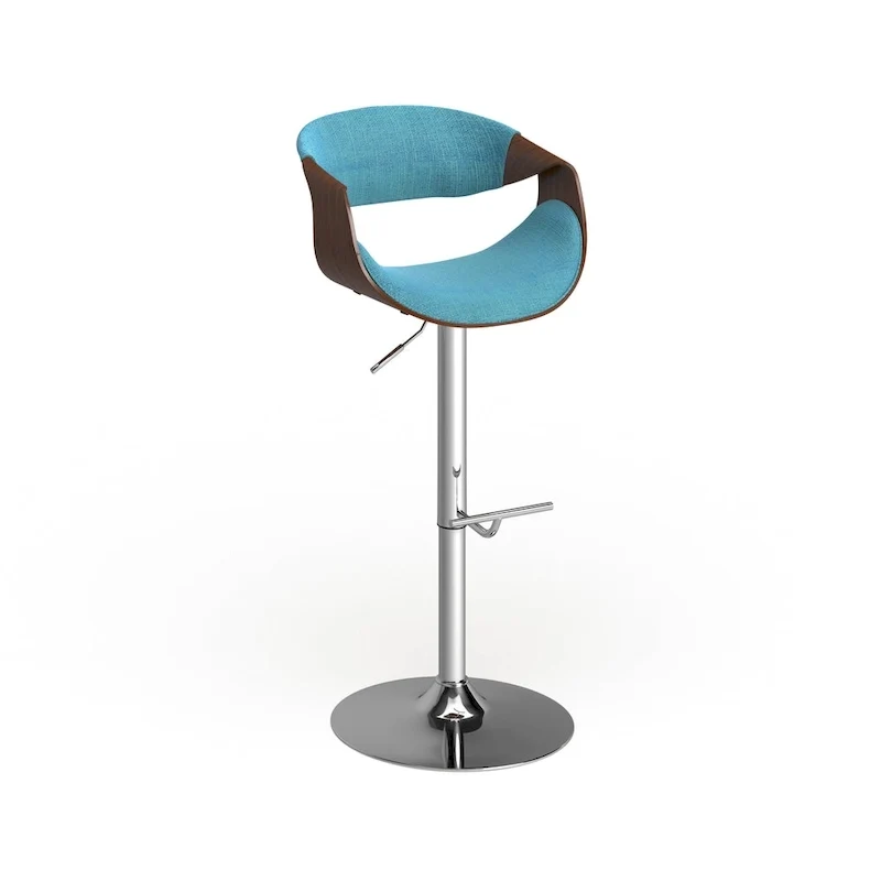 Mid-Century Modern Adjustable Swivel Bar Stool with Walnut Wood Accents Teal Cream Grey