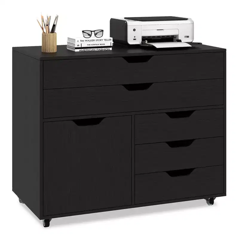 Costway 5-Drawer File Cabinet Mobile Chest of Drawers with Side Cabinet 5 Casters White/Brown/Black