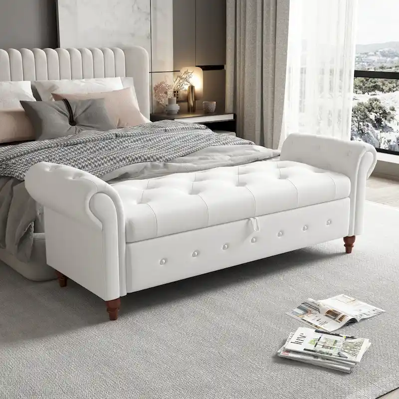 63 Bed Bench Cream White Fabric