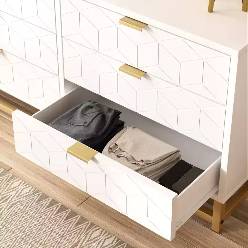 Dresser for Bedroom, White 6-Drawer Wooden Dresser with Metal Legs, Wide Storage Organizer for Living Room Hallway