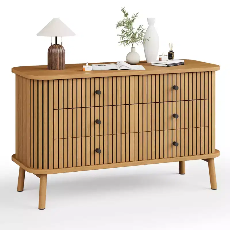 Dresser for Bedroom, 6-Drawer Boho Wooden Dresser with Black Handles, Double Drawer Chest for Living Room Hallway Entryway