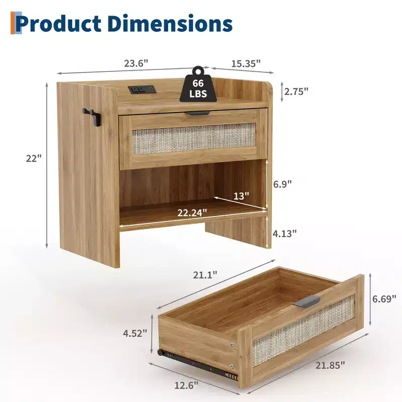 23.6w Rattan Night Stand Set of 2, Modern Side Tables with Charging Station, End Table with Storage Drawer, Open Storage Space for Bedroom
