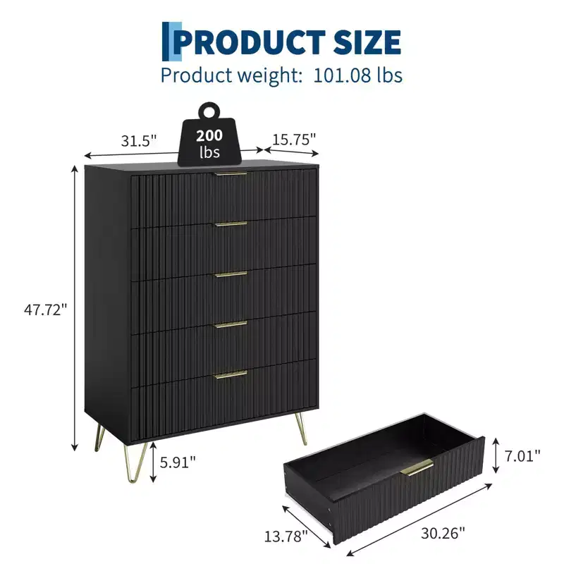 Dresser, 32 Wide Modern 5-Drawer Fluted Chest of Drawers, Natural Wood Clothes Storage Organizer with Metal Handles