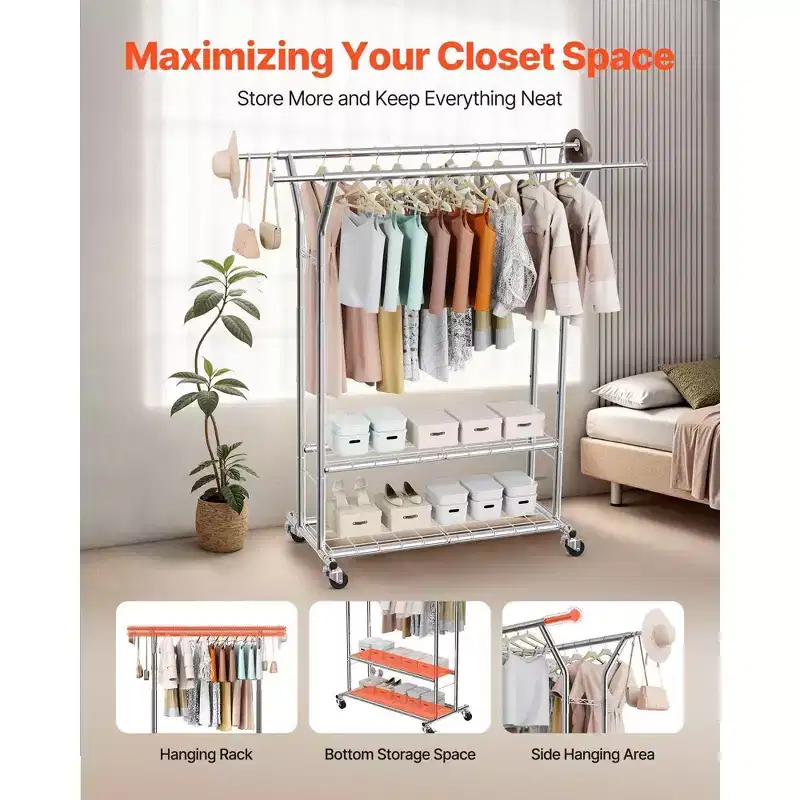 VIYET Rolling Clothes Rack - Carbon Steel, 2 Hanging Rods, 2 Storage Shelves,264LBS Load, Adjustable Height