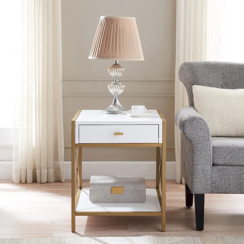 White Wood and Gold Metal X-Frame 1-Drawer End Table with Open Shelf for 1 Person