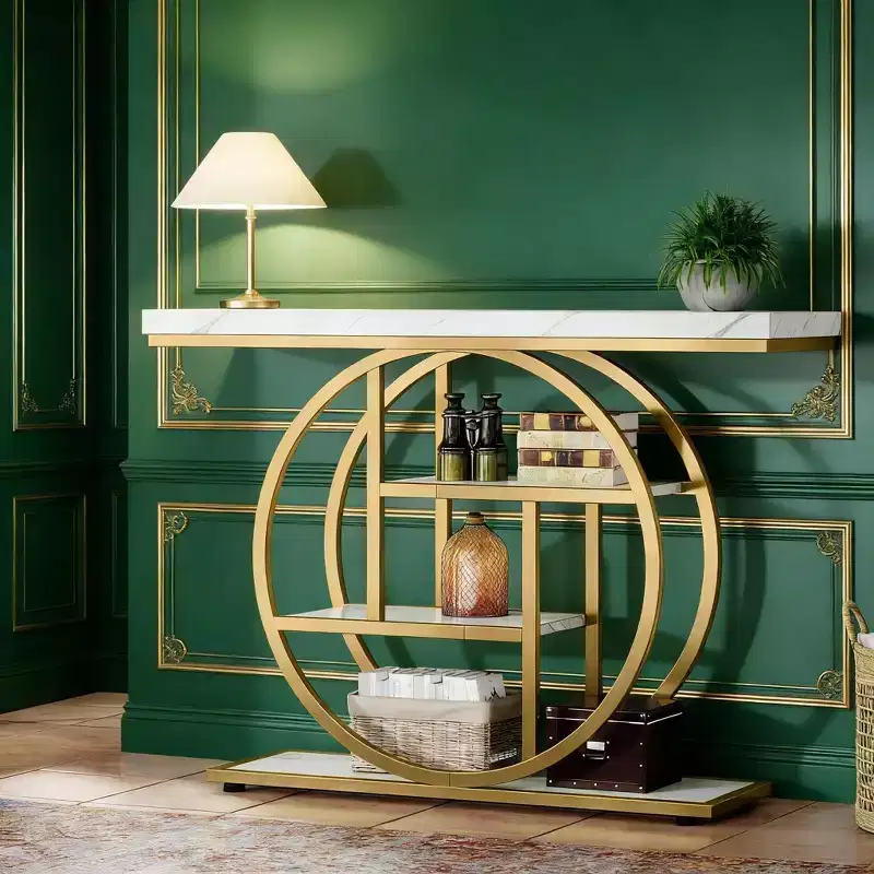 Console Table, Industrial 4-Tier Sofa Entryway Table with Circle Basew