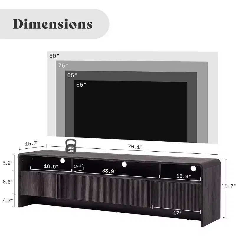 AMERLIFE 70 Modern TV Stand with Fluted Design & Storage Cabinets, for TVs up to 80, Wood Entertainment Center Media Console for Living Room