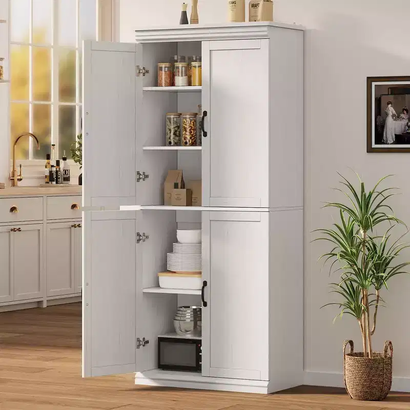Antique White / Gray Freestanding 4-Door Pantry Cabinet, 70 Tall Storage Cupboard