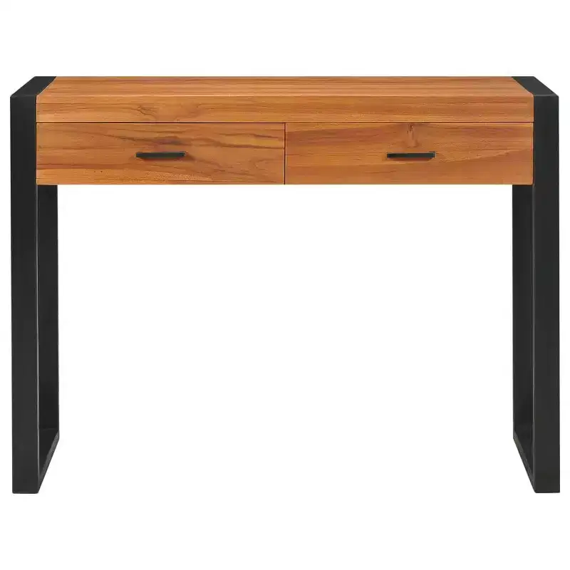 vidaXL Desk Standing Computer Desk Home Office Desk with 2 Drawers Teak Wood - 39.4 x 15.7 x 29.5