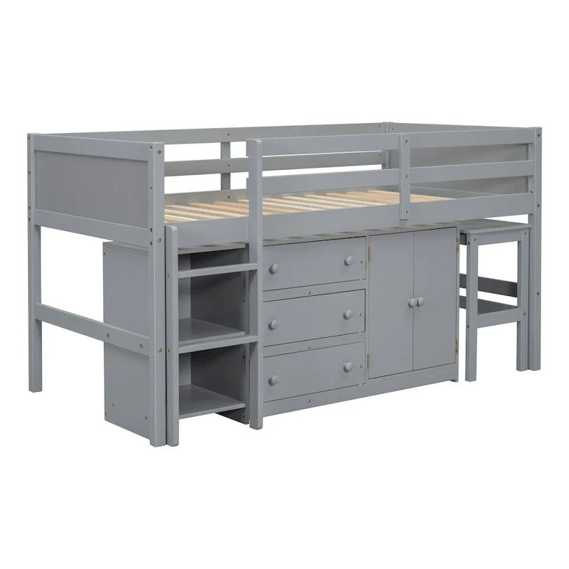 Twin Size Wood Low Loft Bed with Pull-Out Desk, Drawers, Cabinet and Shelves