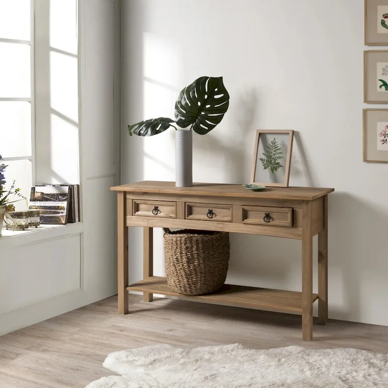 Solid Pine Three-Drawer Hall Console Table with Honey Brown Wood Top
