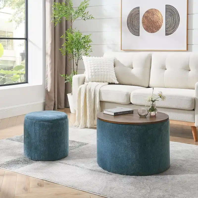 2-Piece Set Round Chenille Storage Ottoman, Equipped with a Drum Shaped Small Stool, Storage Space, and MDF Made Desktop Panel