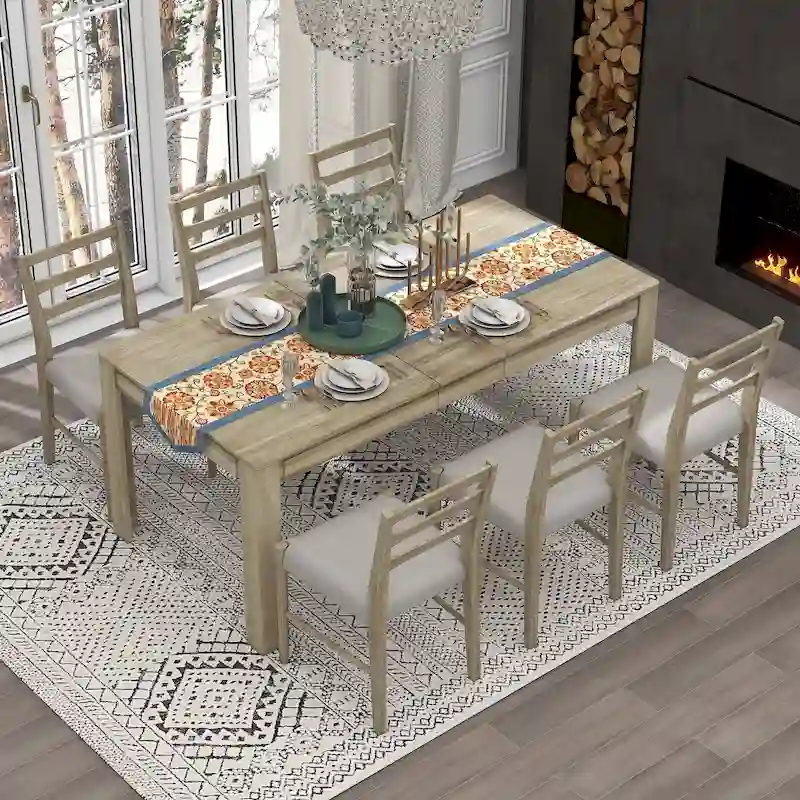 Nestfair 7-Piece Wooden Dining Table Set with 6 Chairs and 2 Drawers