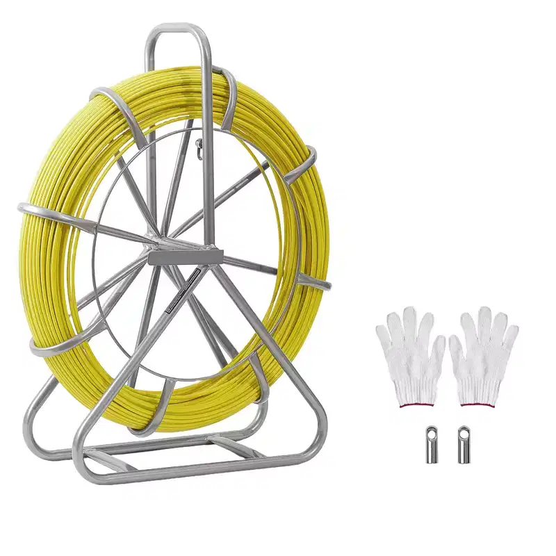 VEVOR Fish Tape Fiberglass, 328FT 6.3MM, Duct Rodder Fishtape Wire Puller with Stand, 1/4-Inch Cable Running Rod, Marked Every 5 Feet, Yellow&Silver