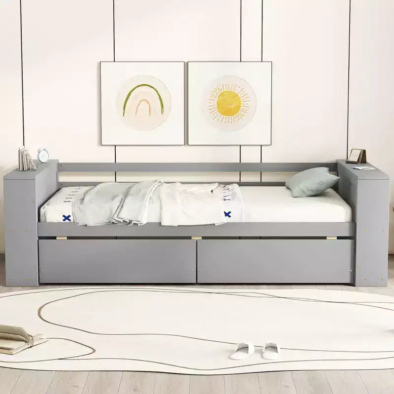 Twin Size Daybed with Shelves and 2 Drawers - ModernLuxe