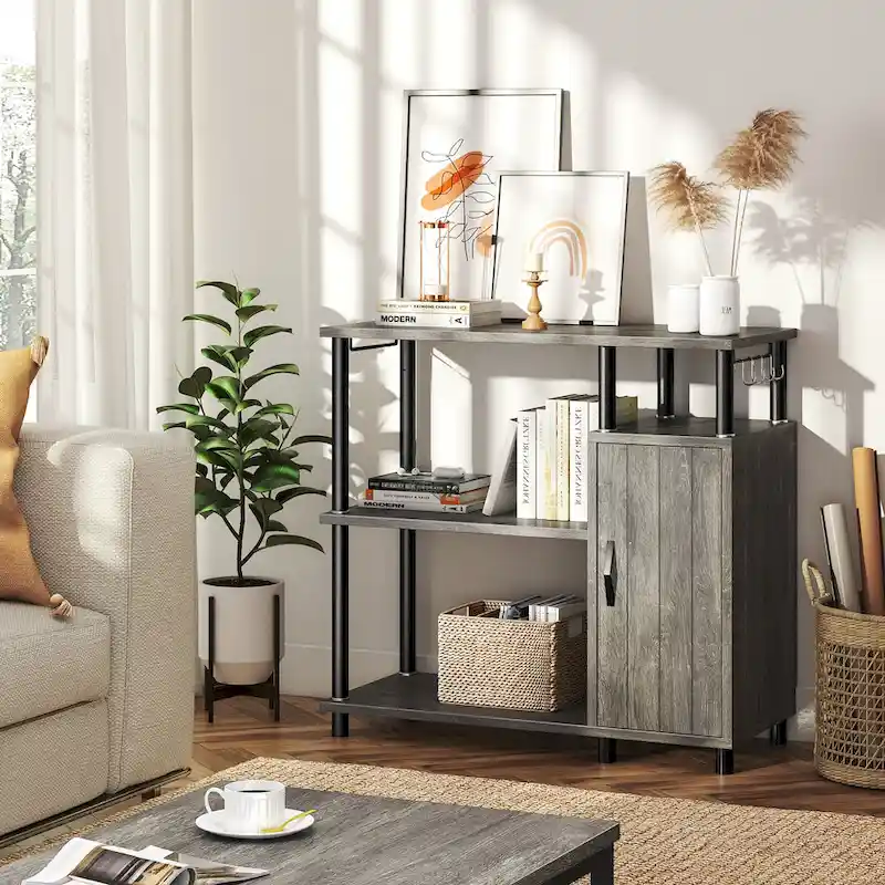 4-Tier Kitchen Storage Cabinet with Microwave Stand and Hooks - 35.4in W