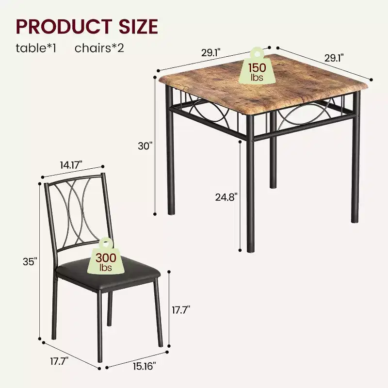 Dining Table Set for 2, Rectangle Dining Table and Chairs, Wood Kitchen Table Set with 2 Upholstered Chairs, Small Dinner Table Set for Apartment