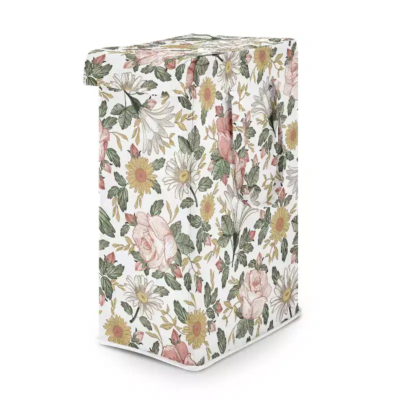 Sweet Jojo Designs Girl Foldable Laundry Hamper with Handles Vintage Floral Pink Green and Yellow