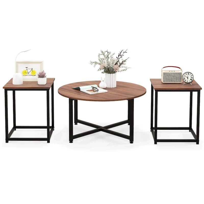 Costway 3 PCS Coffee Table Set Round Coffee Table and 2PCS Square End - See Details