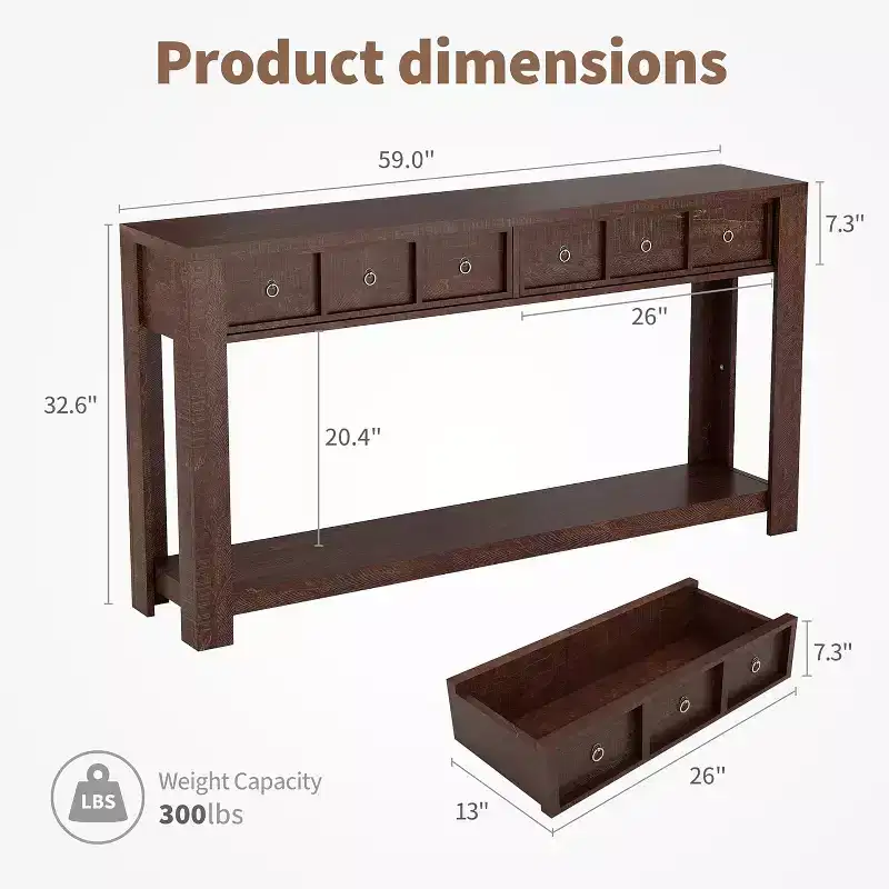59'' Farmhouse Console Table, Wooden Entryway Table with 2 Drawers & 2-Tier Open Storage Shelf, Sturdy l-Shape Legs,for Hallway Living Room Sofa Side