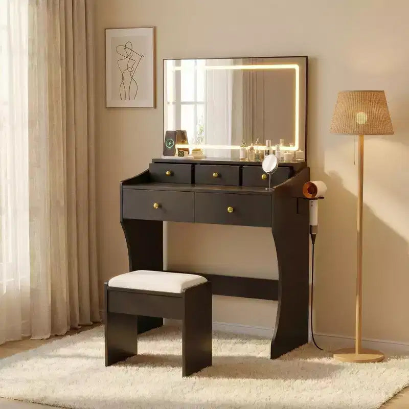 GustoWave Makeup Vanity Desk with Mirror & Chair, 5 Drawers, Hair Dryer Holder, Cushioned Stool for Bedroom