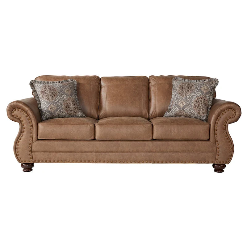 Roundhill Furniture Leinster Brown Fabric Nailhead Trim Sofa and Loveseat