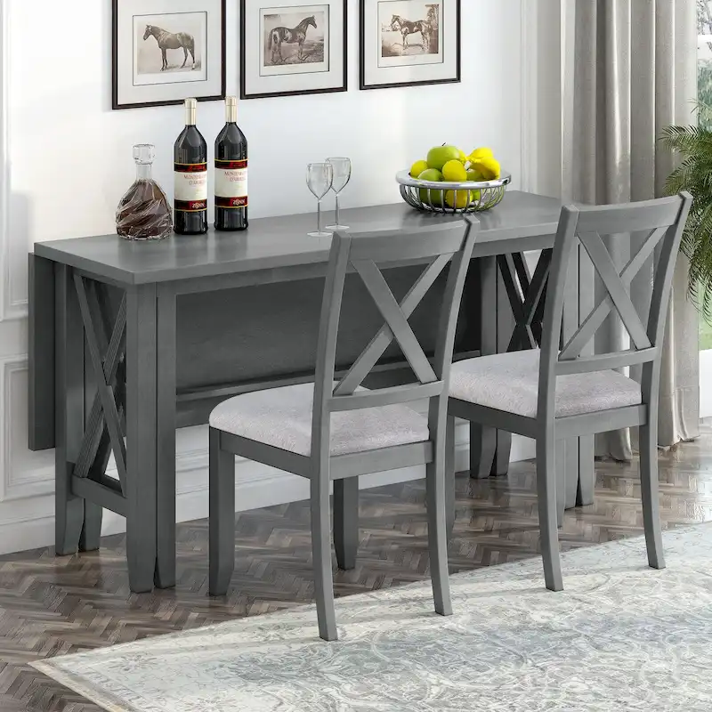 6-Piece Family Dining Room Set Solid Wood Space Saving Foldable Table and 4 Chairs with Bench for Dining Room