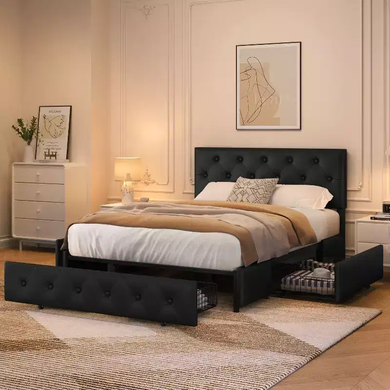 Yaheetech Upholstered Bedframe with Diamond Button Tufted Adjustable Headboard and 3 Storage Drawers
