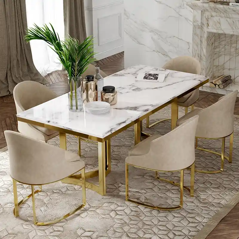 Modern Marble Dining Table with White Rectangular Tabletop Gold Stainless Legs, Dining Room Table for 4-6 - 63