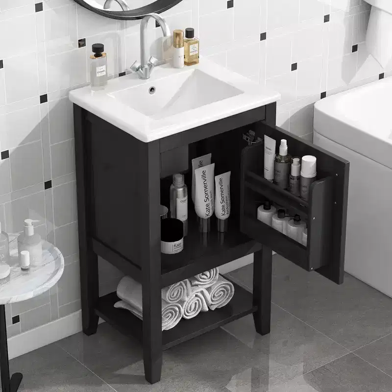20 Small Bathroom Vanity Sink Combo with Storage , Bathroom Floor Cabinet with Open Shelf and Soft Close Door, Black