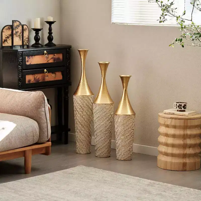 Tall Metal Floor Standing Vase Set Of 3, Woven Pattern Design Large Vases, Modern Big Standing Vase For Living Room Dining Bedroom Home Champagne
